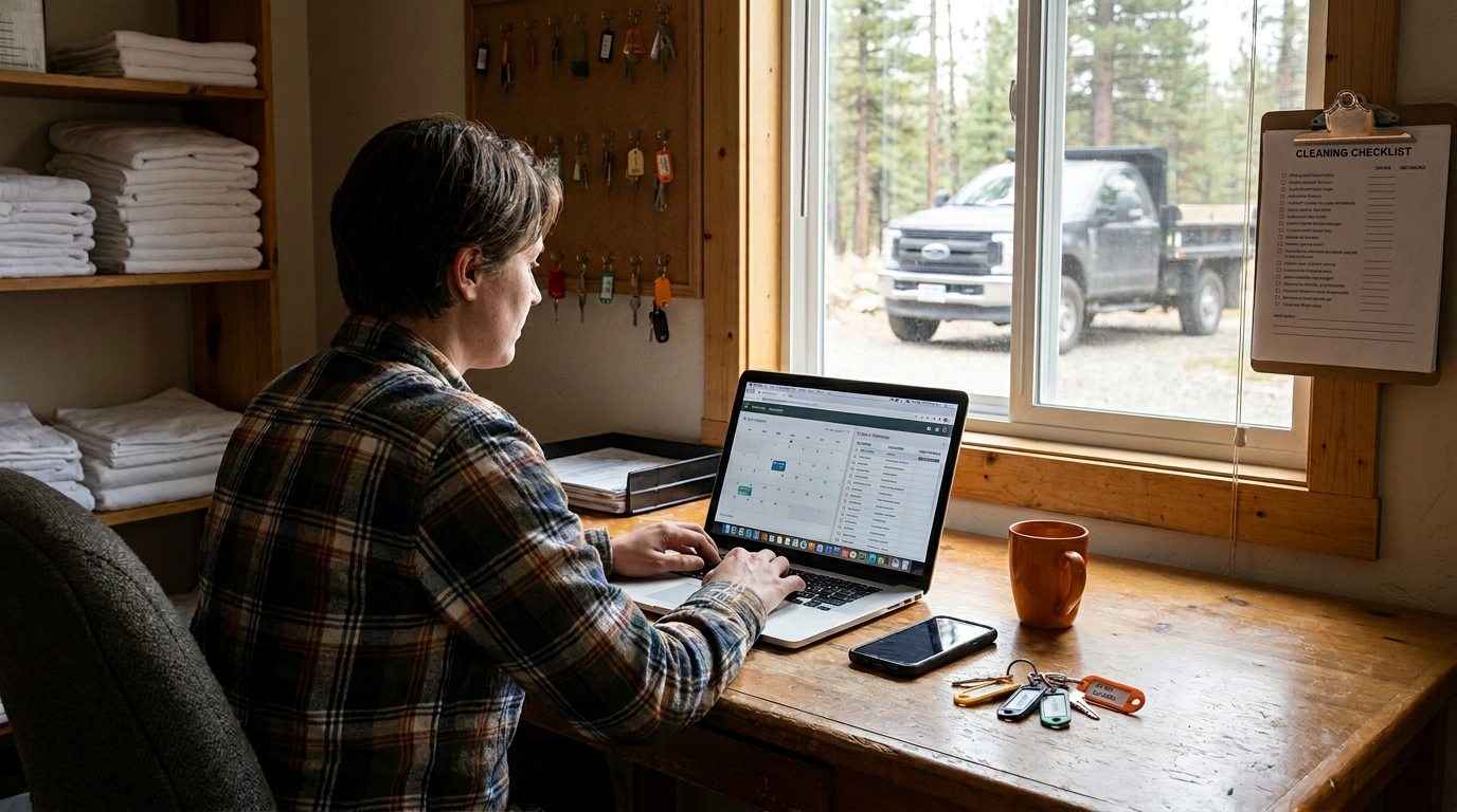 Short-term rental operator at a busy back-office desk reviewing a booking calendar and maintenance list on a laptop, with keys and linens nearby