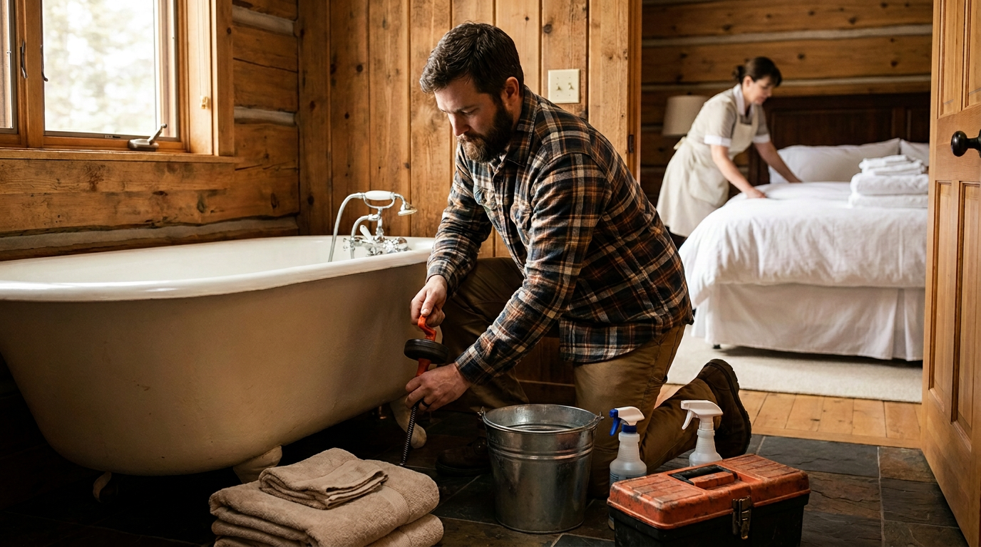 Technician clearing a tub drain in a short-term rental bathroom on changeover day while a housekeeper makes a bed in the background