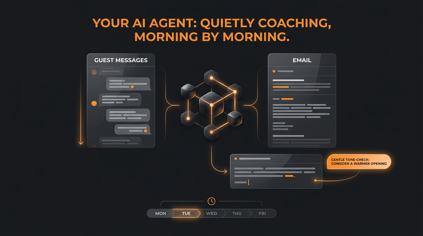 An agent quietly reviewing two message streams side by side each morning, leaving a tone-coaching note