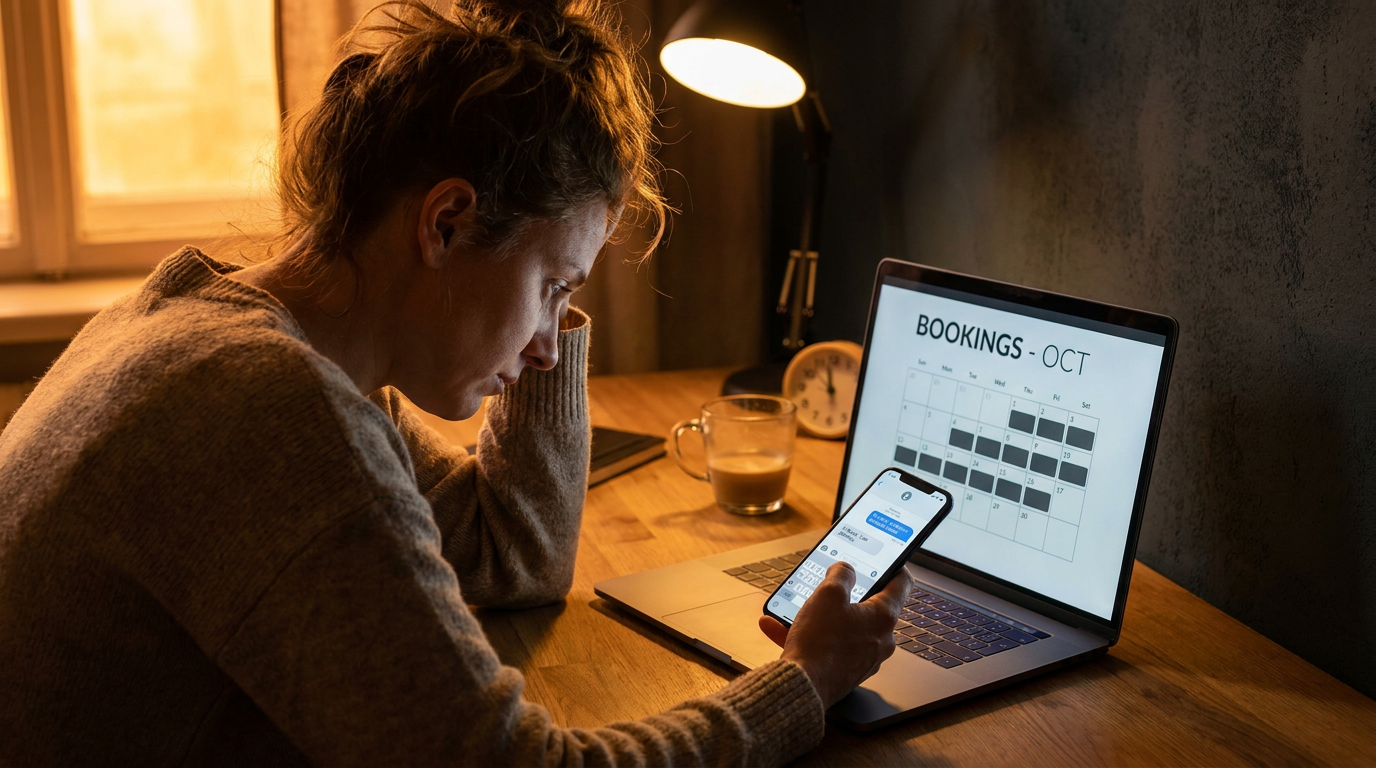 A short-term rental host at a kitchen table mid-reply to a guest message, late morning