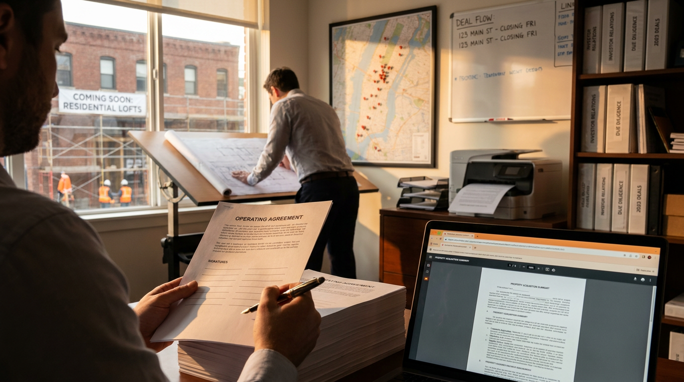 An operator calmly reviewing a printed investor members table in a busy real-estate investment office, the same PDF open on a laptop, with site plans, binders and colleagues at work behind