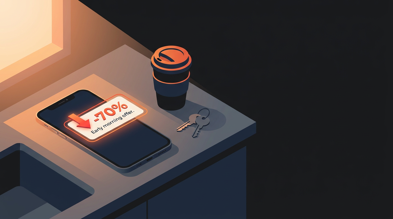 A phone on a kitchen counter at dawn showing a notification with a large downward arrow and -70%, the moment a practice owner sees collections drop