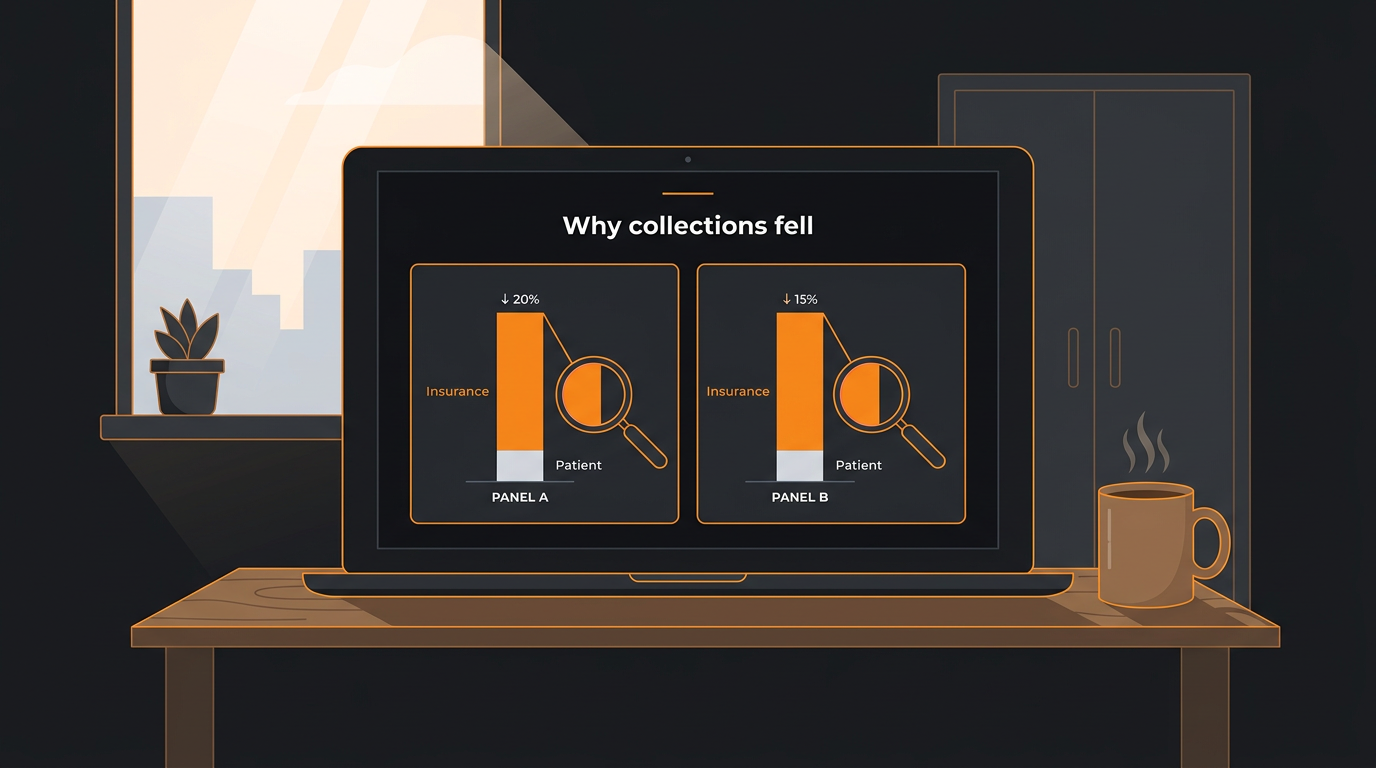 Illustration of a two-office morning scoreboard with collections split into patient and insurance segments, the insurance segment highlighted as the source of the drop