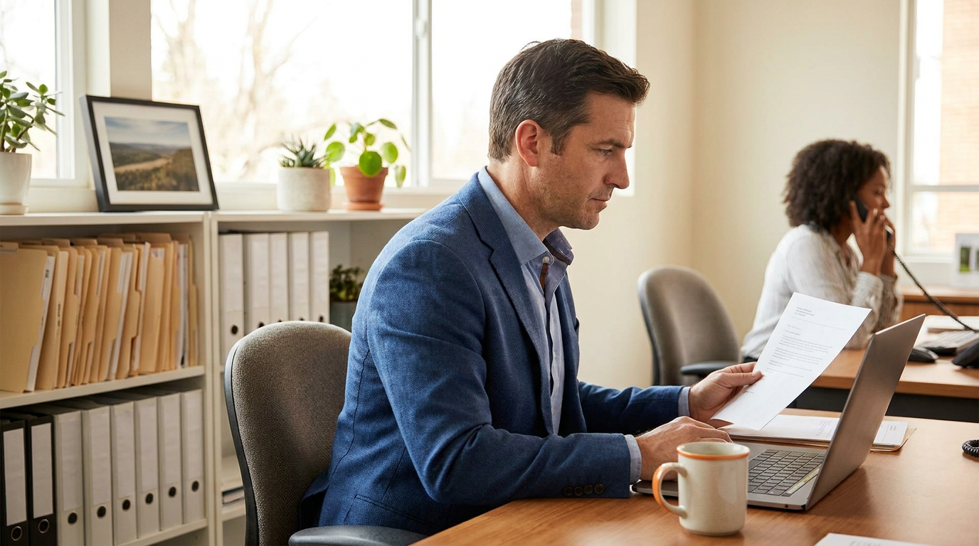 A financial advisor calmly reading his morning meeting-prep email on a laptop at his desk in a busy small advisory office, a colleague on the phone behind him