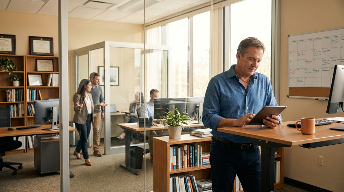 A firm owner calmly reading a one-page summary on a tablet at his standing desk while his advisors work and meet in the office behind him