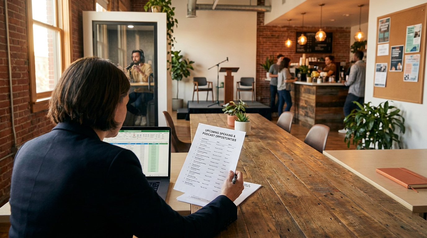 An advisor calmly handwriting a personal note to a podcast host beside a laptop research list, in a busy co-working studio with a podcast booth and event stage behind