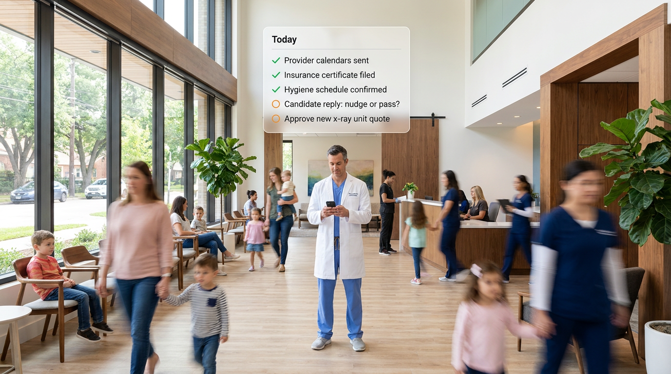 A dentist in a white coat stands in the middle of a large, sunlit, high-end pediatric dental waiting room reading a to-do checklist text from his AI assistant: three items done, two still open. Parents, children and staff move around him in motion blur. Keywords: AI to-do reminders by text, dental practice owner AI assistant, meeting follow-up automation, AI accountability for small business.