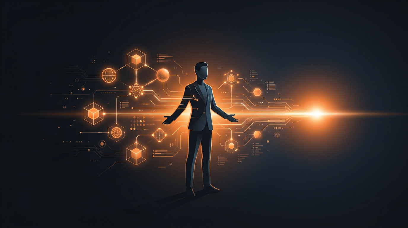 Editorial hero image: a professional silhouette collaborating seamlessly with glowing AI agent nodes and structured workflows toward a shared goal