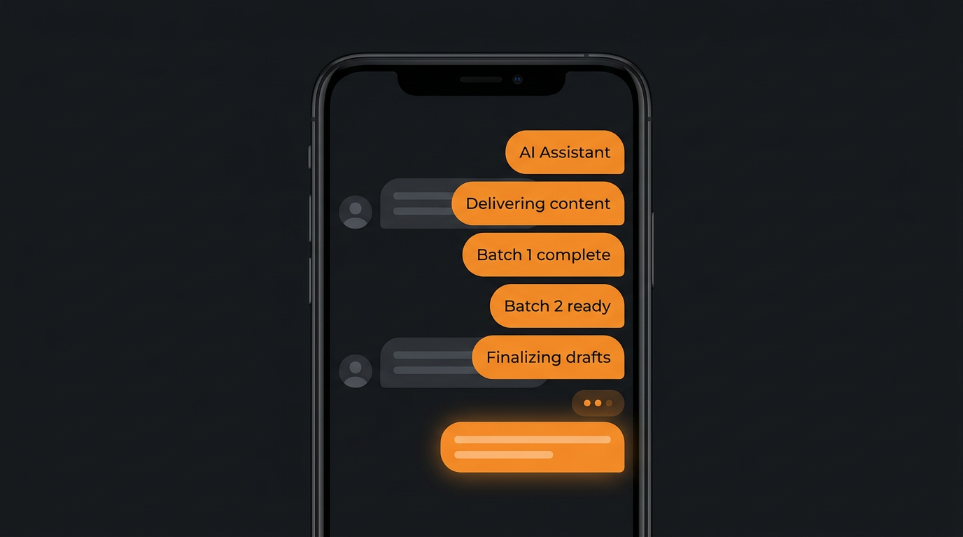 Stylized chat interface showing finished content arriving directly in a messaging thread