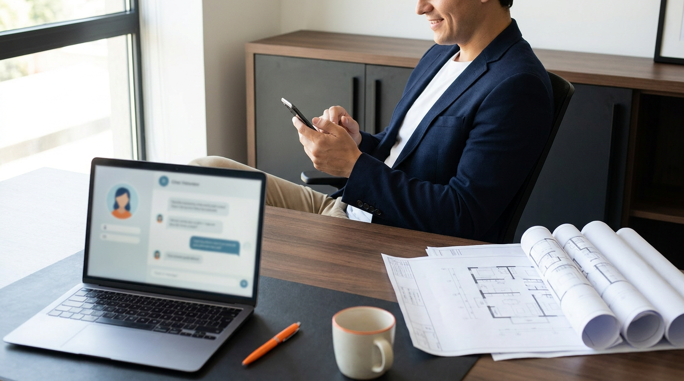A property manager casually texting an AI assistant at a desk with floor-plan blueprints nearby