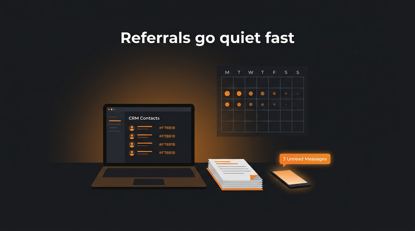A small advisory office desk with a CRM contact list and a calendar where referral activity fades out over two weeks
