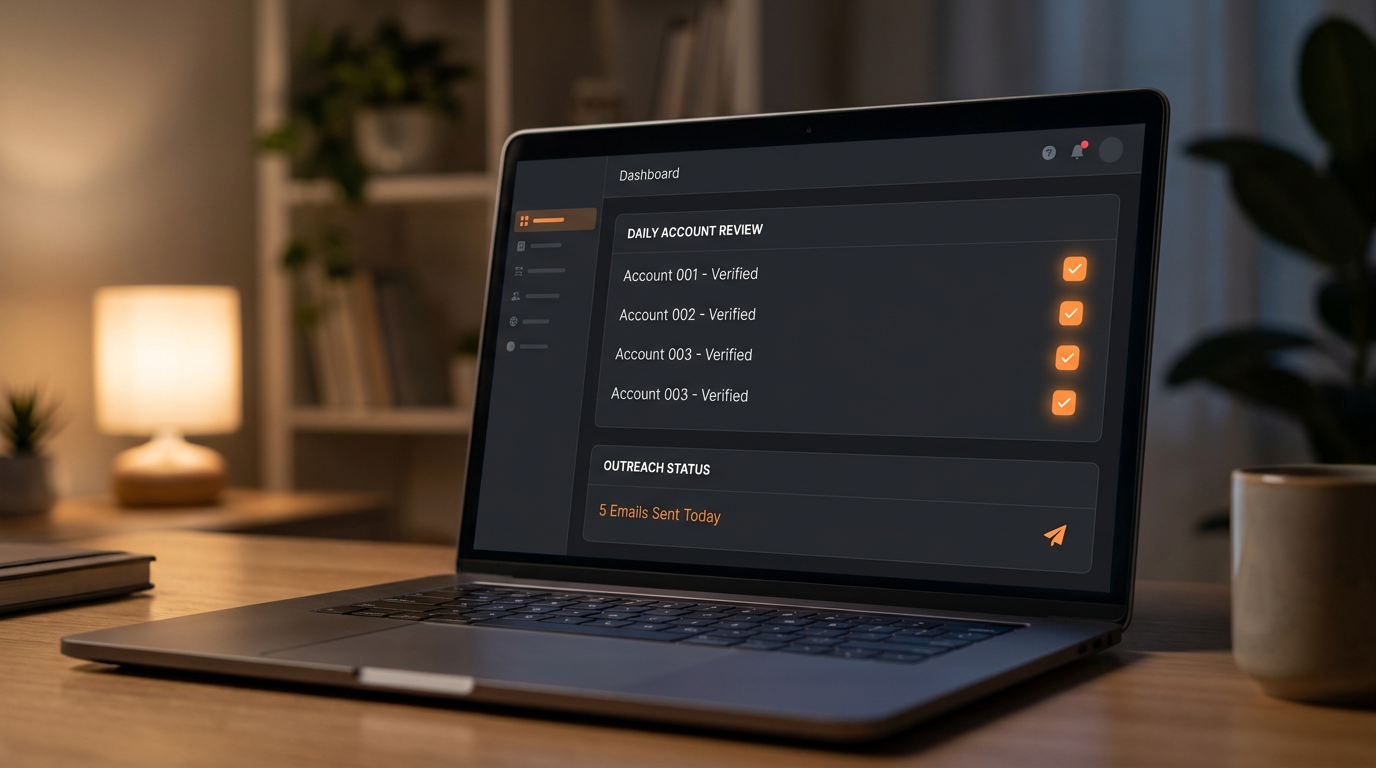 A glowing dashboard showing a daily checklist of accounts reviewed with completed status โ the Integrated Workforce doing the unglamorous work, every day, without being asked twice