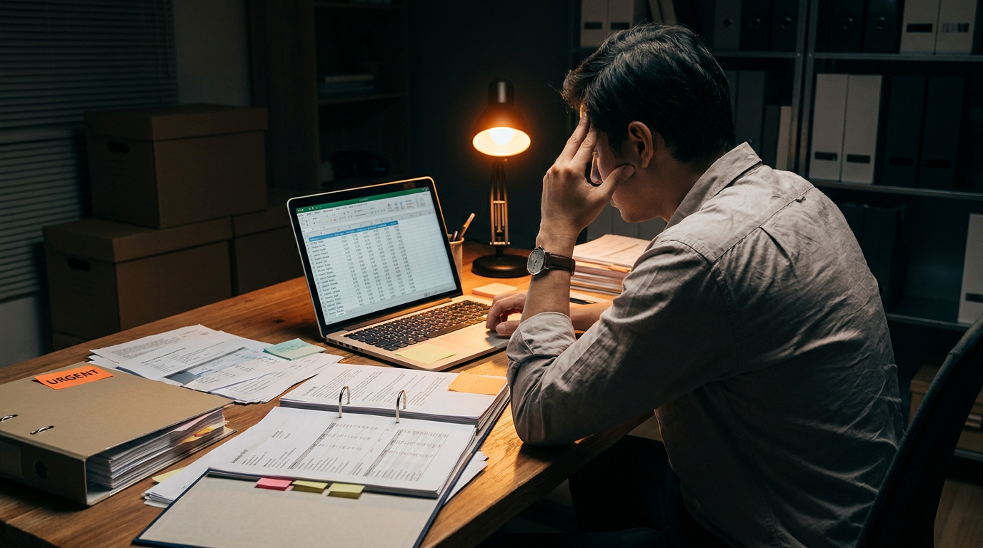 A property manager buried in paper rent ledgers and spreadsheets at a cluttered desk โ the manual grind an Agent Operating System is built to take over