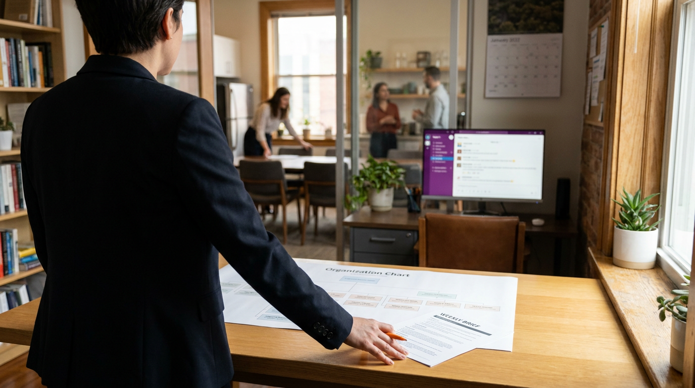 A new executive calmly reviewing a short weekly brief, a draft org chart and a one-page agreement with a sticky note, in a busy office with a boardroom being set up behind