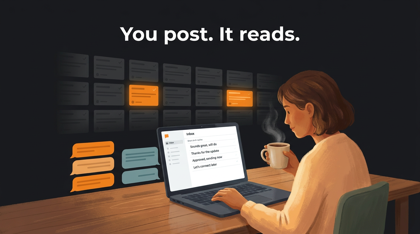 Founder reviewing AI-drafted community forum replies in two voices โ AI drafting for founder voice, community marketing for small business