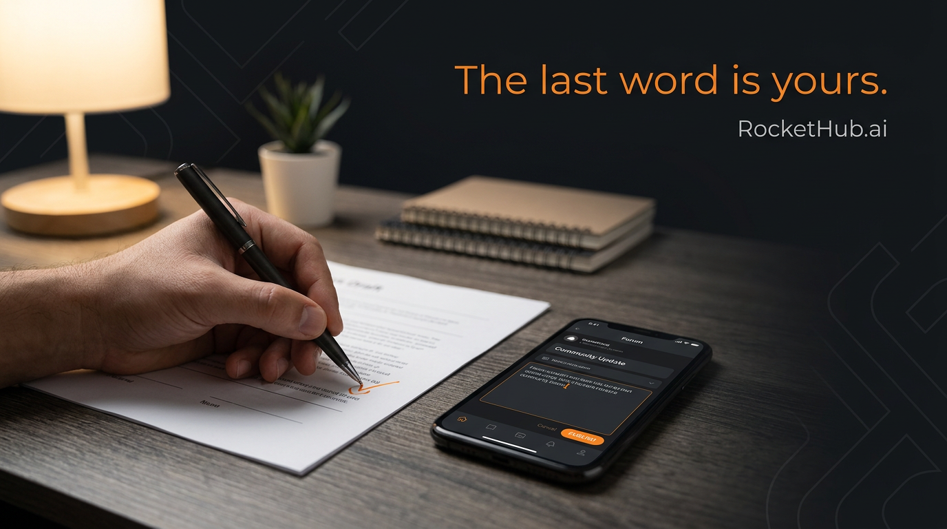 Hand editing an AI-drafted reply before posting โ human in the loop AI, keep the final edit human