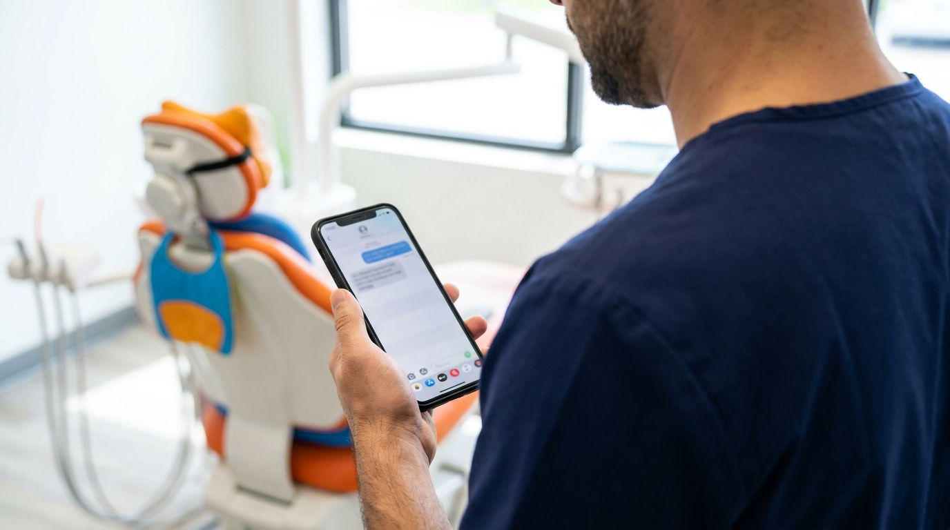 Over-the-shoulder view of a dental professional in navy scrubs reading a short text message on a phone between appointments in a pediatric operatory