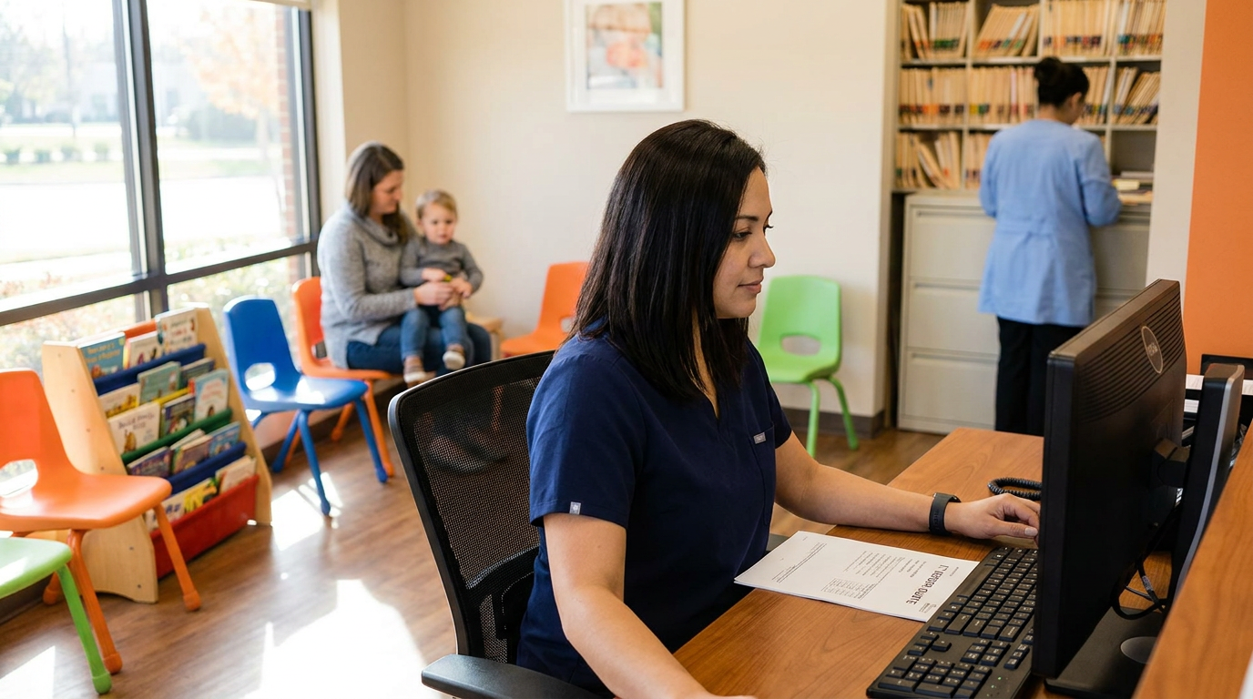 Office manager at the front desk of a busy pediatric dental office reviewing an IT vendor quote on her computer, with a parent and child in the colorful waiting area behind her