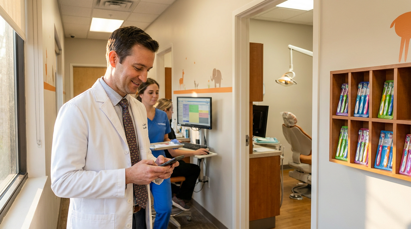 Pediatric dentist in a white coat reading a text message on his phone in the hallway of his busy practice, with a hygienist at a workstation and a treatment room behind him