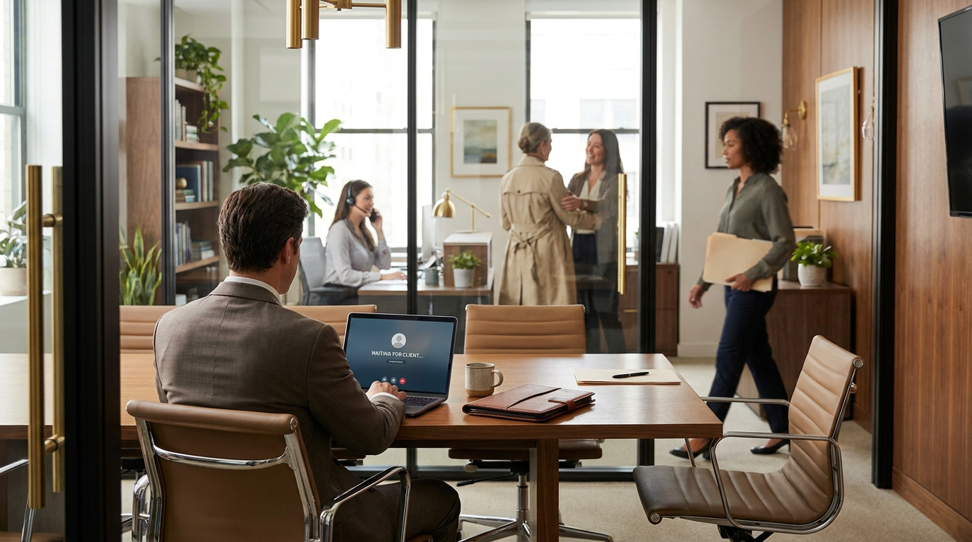 An office manager calmly checking a printed client schedule against the day's calendar at the front desk of a busy wealth-management office, with a client waiting and a conference room being set behind
